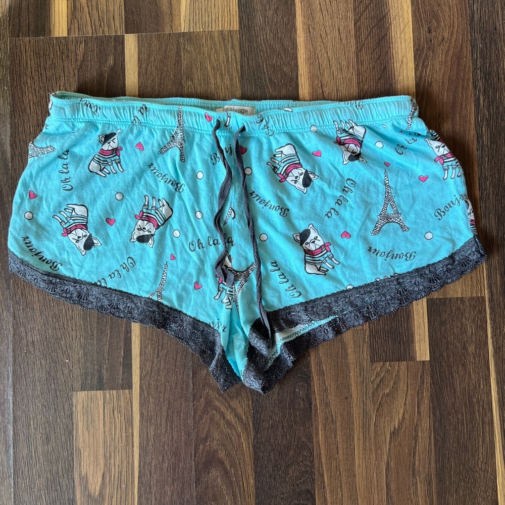 PJ Salvage Teal Pajama Shorts with French Bulldog Parisian Print